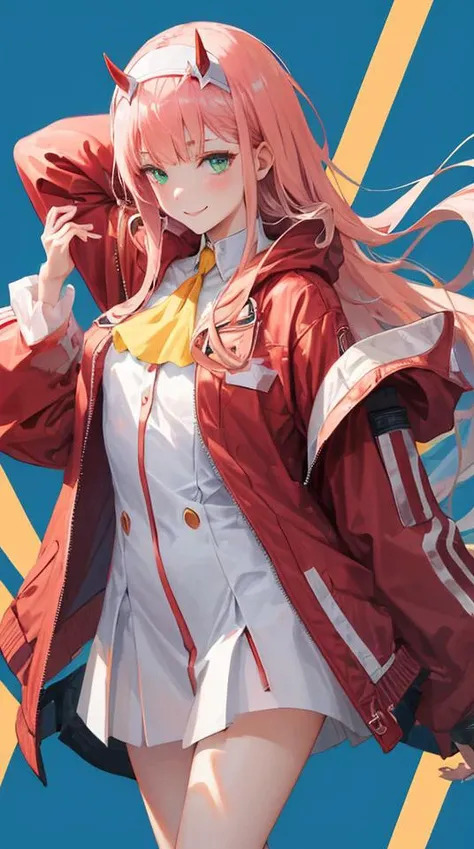 zero two \(darling in the franxx\), darling in the franxx, 1girl, ascot, bangs, blue background, green eyes, hairband, horns, long hair, long sleeves, looking at viewer, red jacket, closed jacket, military uniform, oni horns, orange ascot, pink hair, red horns, simple background, smile, solo, standing, uniform, white hairband, ((masterpiece)), <lora:zero_two_offset:1>, masterpiece, best quality,