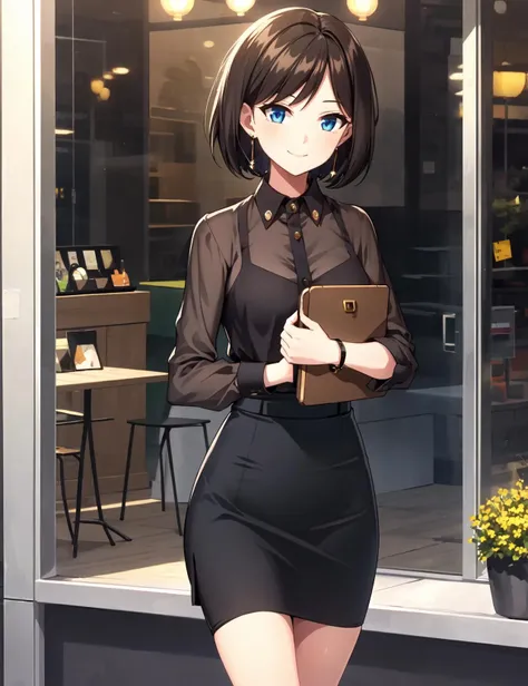 1girl, solo, short hair, bangs, blue eyes, black hair, light smile,
skirt, shirt, black hair, long sleeves, holding, earrings, collared shirt, black skirt, bag, bracelet, black shirt, side slit, pencil skirt, high-waist skirt, watch, handbag, shoulder bag, brown shirt
sitting, shop, storefront, window, display, display case, table, chair, cafe, on chair,
wind, hair flowing over, floating hair, outdoors, dusk,
a women sitting outside a store front, a women relaxing in a chair in new york,
<lora:kimhana_Miena_mix-000008:0.65>