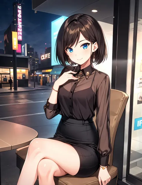 1girl, solo, short hair, bangs, blue eyes, black hair, light smile,
skirt, shirt, black hair, long sleeves, holding, earrings, collared shirt, black skirt, bag, bracelet, black shirt, side slit, pencil skirt, high-waist skirt, watch, handbag, shoulder bag, brown shirt
sitting, shop, storefront, window, display, display case, table, chair, cafe, on chair,
wind, hair flowing over, floating hair, outdoors, dusk,
a women sitting outside a store front, a women relaxing in a chair in new york,
<lora:kimhana_Miena_mix-000008:0.65>