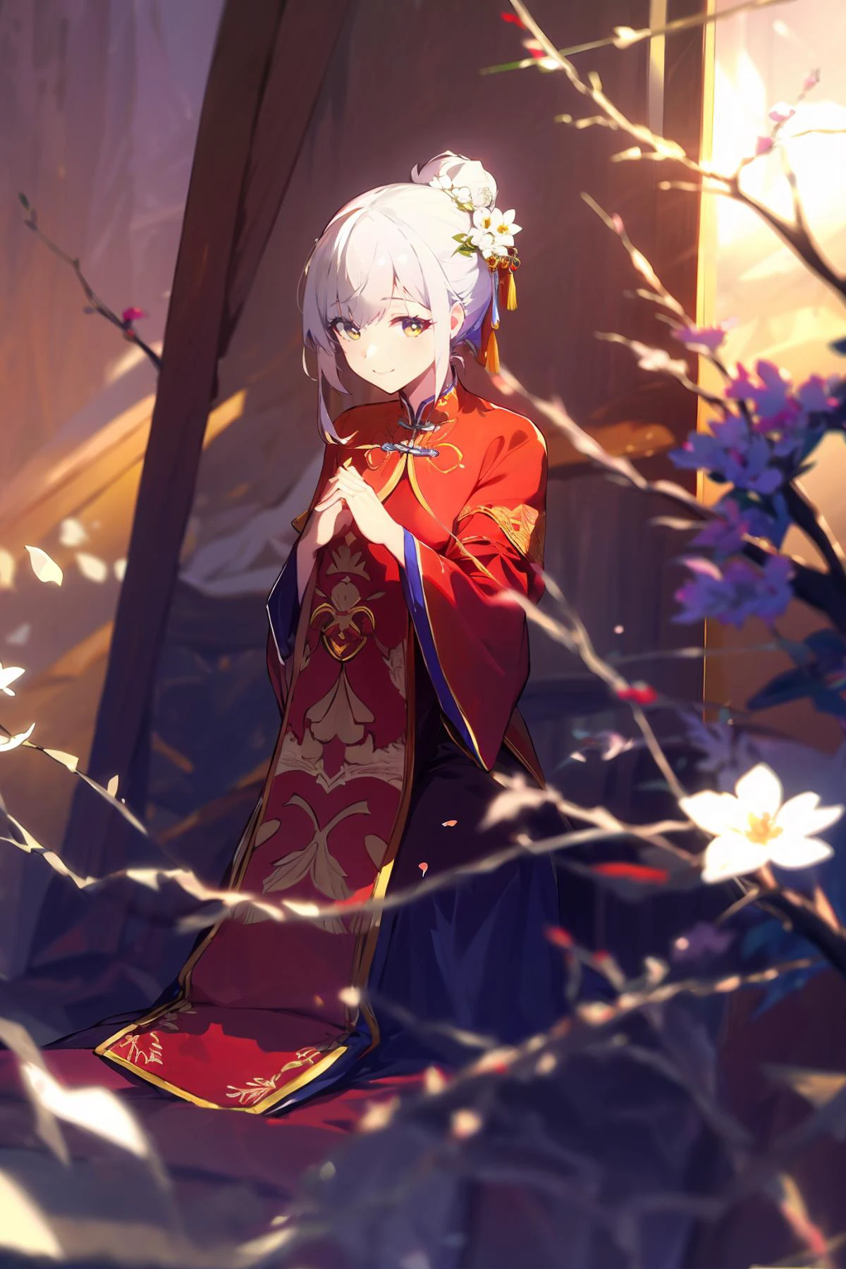 -1girl, black hair, hair bun, wide sleeves, smile, blurry, white hair, hair ornament, chinese clothes, bangs, single hair bun, flower, sitting, indoors, long sleeves, blurry foreground, looking at viewer, depth of field,Chinese weddingdress,<lora:Chinese weddingdress-000018:0.8>