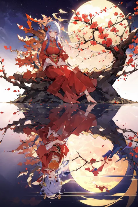 -long hair, reflection, dress, moon, sitting, red dress, in tree, tree, full moon, sky, sitting in tree, 2girls, red eyes, branch, multiple girls, very long hair, chinese clothes, looking at viewer, bangs, different reflection, umbrella, night, outdoors, long sleeves, horns, hair ornament, flower, 1girl, blue hair,Chinese weddingdress,<lora:Chinese weddingdress-000018:0.8>