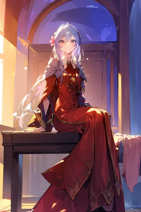 (masterpiece:1.2),best quality,PIXIV,Elaina,Chinese weddingdress,<lora:Chinese weddingdress-000018:0.9>,
1girl,long hair,dress,red dress,red eyes,sitting,chinese clothes,white hair,flower,smile,
indoor,