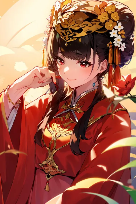 -1girl, solo, red eyes, chinese clothes, hair ornament, smile, flower, long hair, bangs, hair bun, jewelry, hair flower, upper body, black hair, brown hair, dress, long sleeves, blunt bangs, closed mouth,Chinese weddingdress,<lora:Chinese weddingdress-000018:0.8>