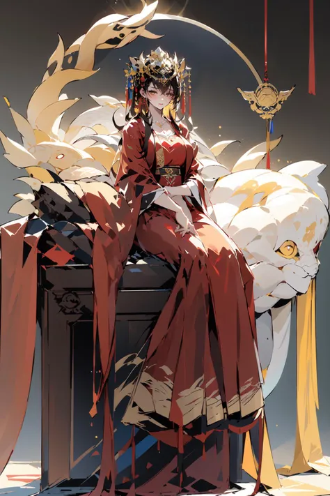 -1girl, long hair, dress, sitting, very long hair, red dress, solo, chinese clothes, brown hair, full body, hair ornament, looking at viewer, black hair, long sleeves, red footwear, breasts, hair over one eye, crossed legs, wide sleeves, closed mouth, jewelry, yellow eyes, snake,Chinese weddingdress,<lora:Chinese weddingdress-000018:0.8>