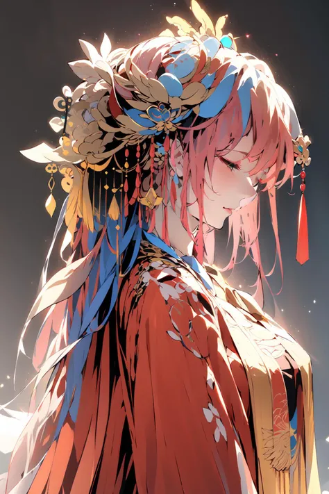 -1girl, solo, long hair, hair ornament, blue eyes, beads, pink hair, profile, hair stick, upper body, jewelry, breasts, gem, chinese clothes, from side, hair beads, black background, floral print, large breasts, eyelashes, megurine luka, headdress, bangs, half-closed eyes, dress,Chinese weddingdress,<lora:Chinese weddingdress-000018:0.8>