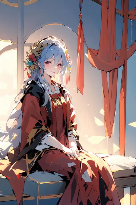 (masterpiece:1.2),best quality,PIXIV,Elaina,Chinese weddingdress,<lora:Chinese weddingdress-000018:0.9>,
1girl,long hair,dress,red dress,red eyes,sitting,chinese clothes,white hair,flower,smile,
indoor,