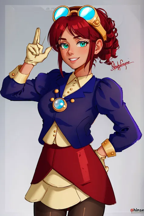 (masterpiece, best quality:1.2), <lyco:brawlhalla_scarlet-09:1.0>, cowboy shot, solo, 1girl, bhscarlet, smile, looking at viewer, hand on hip, goggles on head, jacket, blouse, pantyhose, white gloves