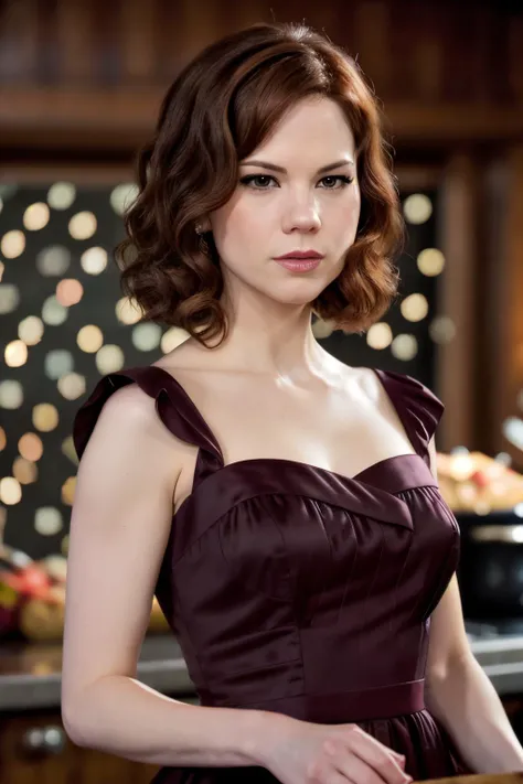 a up close photo of marianaKl1 wearing a 1950 housewife dress, (dark red housewife dress), (upright pin curl hairstyle), (black hair), (kitchen background), elegant, highly detailed. vibrant, photorealistic, realistic, sharp focus, 8k