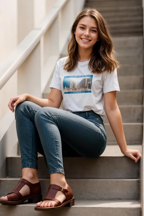 full body,from below,photo of a 18 year old girl,sitting the stairs,happy,laughing,shirt,pants,ray tracing,detail shadow,shot on Fujifilm X-T4,85mm f1.2,sharp focus,depth of field,blurry background,bokeh,<lora:add_detail:1>,