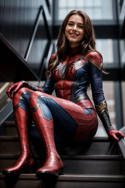 Marvel s,full body,from below,photo of a 18 year old girl,spiderman,sitting the stairs,happy,laughing,ray tracing,detail shadow,shot on Fujifilm X-T4,85mm f1.2,sharp focus,depth of field,blurry background,bokeh,<lora:add_detail:1>,