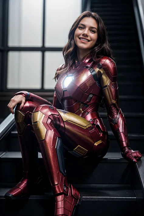 Marvel s,full body,from below,photo of a 18 year old girl,ironman,sitting the stairs,happy,laughing,ray tracing,detail shadow,shot on Fujifilm X-T4,85mm f1.2,sharp focus,depth of field,blurry background,bokeh,<lora:add_detail:1>,