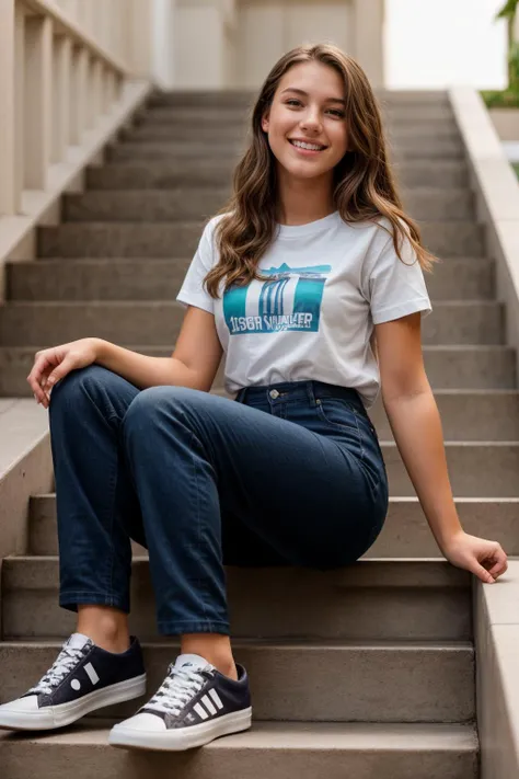 full body,from below,photo of a 18 year old girl,sitting the stairs,happy,laughing,shirt,pants,ray tracing,detail shadow,shot on Fujifilm X-T4,85mm f1.2,sharp focus,depth of field,blurry background,bokeh,<lora:add_detail:1>,