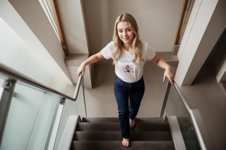 from above,photo of a 25 year old girl,going up the stairs,putting hand on handrail,happy,shirt,pants,ray tracing,detail shadow,shot on Fujifilm X-T4,85mm f1.2,sharp focus,depth of field,blurry background,bokeh,<lora:add_detail:1>,