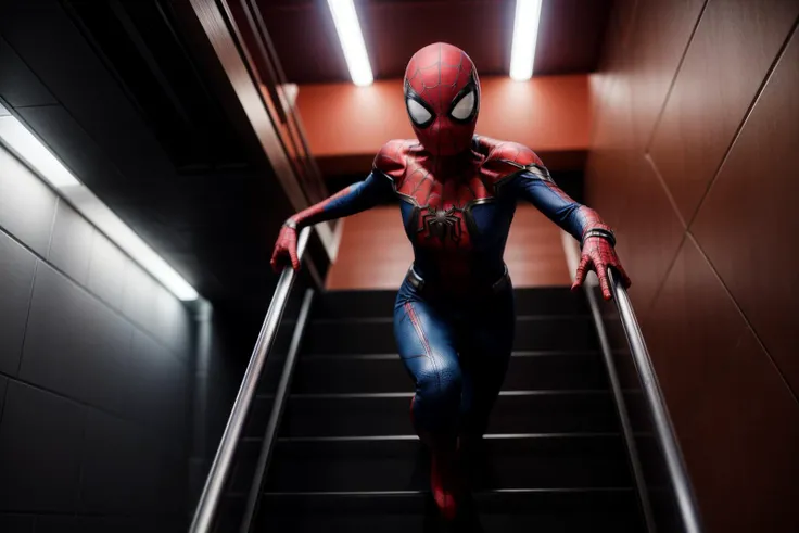 marvel s,from above,photo of a 18 year old girl,spiderman,going up the stairs,putting hand on handrail,happy,shirt,pants,ray tracing,detail shadow,shot on Fujifilm X-T4,85mm f1.2,sharp focus,depth of field,blurry background,bokeh,<lora:add_detail:1>,