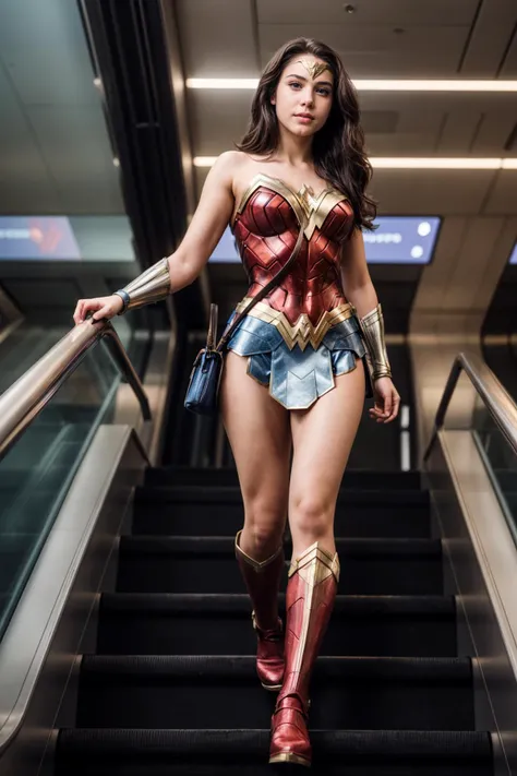 DC s,full body,photo of a 18 year old girl,wonder woman,taking escalator,putting hand on handrail,ray tracing,detail shadow,shot on Fujifilm X-T4,85mm f1.2,sharp focus,depth of field,blurry background,bokeh,lens flare,motion blur,<lora:add_detail:1>,