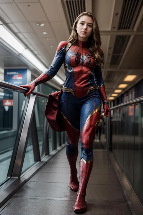 Marvel s,full body,photo of a 18 year old girl,spiderman,taking escalator,putting hand on handrail,ray tracing,detail shadow,shot on Fujifilm X-T4,85mm f1.2,sharp focus,depth of field,blurry background,bokeh,lens flare,motion blur,<lora:add_detail:1>,