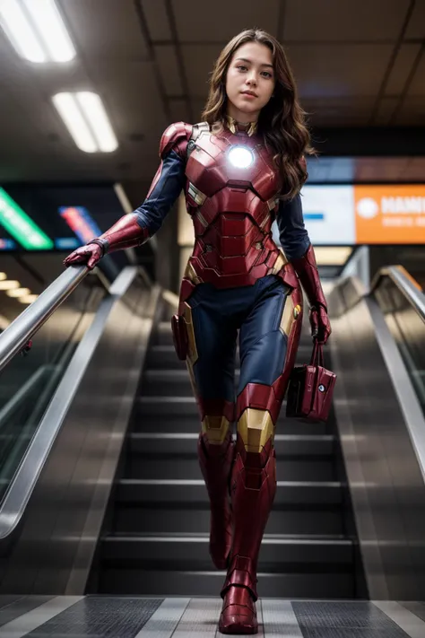Marvel s,full body,photo of a 18 year old girl,ironman,taking escalator,putting hand on handrail,ray tracing,detail shadow,shot on Fujifilm X-T4,85mm f1.2,sharp focus,depth of field,blurry background,bokeh,lens flare,motion blur,<lora:add_detail:1>,