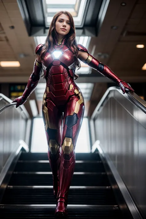 Marvel s,full body,photo of a 18 year old girl,ironman,dancing on escalator,putting hand on handrail,happy,ray tracing,detail shadow,shot on Fujifilm X-T4,85mm f1.2,sharp focus,depth of field,blurry background,bokeh,lens flare,motion blur,<lora:add_detail:1>,
