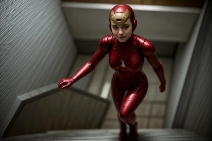 Marvel s,from above,photo of a 18 year old girl,ironman,going up the stairs,putting hand on handrail,happy,ray tracing,detail shadow,shot on Fujifilm X-T4,85mm f1.2,sharp focus,depth of field,blurry background,bokeh,<lora:add_detail:1>,<lora:LCM_LoRA_Weights_SD15:1>,