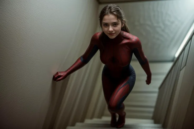 Marvel s,from above,photo of a 18 year old girl,spiderman,going up the stairs,putting hand on handrail,happy,ray tracing,detail shadow,shot on Fujifilm X-T4,85mm f1.2,sharp focus,depth of field,blurry background,bokeh,<lora:add_detail:1>,<lora:LCM_LoRA_Weights_SD15:1>,