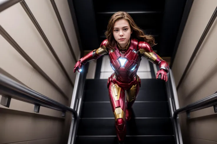 marvel s,from above,photo of a 18 year old girl,ironman,going up the stairs,putting hand on handrail,happy,ray tracing,detail shadow,shot on Fujifilm X-T4,85mm f1.2,sharp focus,depth of field,blurry background,bokeh,<lora:add_detail:1>,