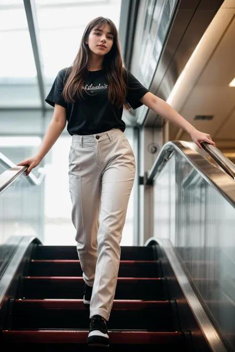 full body,photo of a 18 year old girl,dancing on escalator,putting hand on handrail,shirt,pants,ray tracing,detail shadow,shot on Fujifilm X-T4,85mm f1.2,sharp focus,depth of field,blurry background,bokeh,lens flare,motion blur,<lora:add_detail:1>,