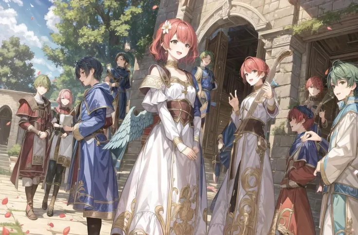 <lora:add_detail:1> <lora:SOVArtstyle:1>, sov, long hair, smile, short hair, open mouth, multiple girls, blonde hair, black hair, hair ornament, red eyes, dress, jewelry, green eyes, flower, red hair, outdoors, green hair, multiple boys, wings, sky, day, cloud, hair flower, tree, blue sky, petals, instrument, 4boys, music, playing instrument, castle, statue, harp, lute (instrument)