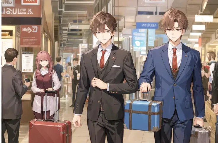<lora:SOVArtstyle:1>, sov, 1boy, facial hair, suit, suitcase, red tie, subway background