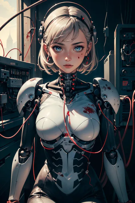 (((Perfect Face)))((cowboy shot)), (((masterpiece))), (((best quality))), ((ultra-detailed)), (highly detailed CG illustration), ((an extremely delicate and beautiful)), ((Chest covered)), cinematic light, (((1mechanical girl))), solo, ((upper torso hanging by wires)), ((Hanging by wires and tubes)), (machine made joints:1.2), ((machanical limbs)), (blood vessels connected to tubes), (mechanical vertebra attaching to back), ((mechanical cervial attaching to neck)), (sitting), expressionless, (chest covered), (wires and cables attaching to neck:1.2), (wires and cables on head:1.2), (character focus), science fiction, extreme detailed, colorful, highest detailed