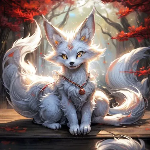 breathtaking, masterpiece, nine-tailed white fox, japanese art style, , majestic, bokeh, ink, art, no_human, complex background, beautiful tails,