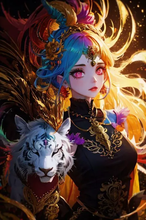 1girl, beautiful woman in a mythical colorful spirit forest, masterpiece, perfect face, intricate details, horror theme, raw photo, photo unp