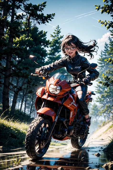 cinematic scenic view of 1 girl, wearing a goggle driving in a off road motorcycle, very windy, 3D, depth of field, motion blur, dirt road racing in a forest crossing a stream, dusty, reflections, water splash, smile open mouth, eye contact viewer, <lora:add_detail:0.500000>, , <lora:2077lora:0.200000>