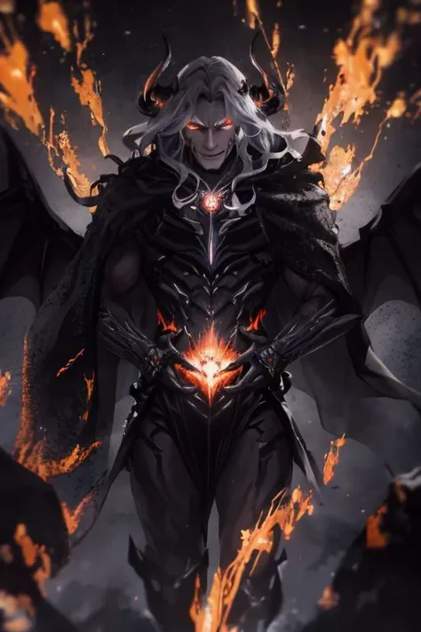 Best quality, masterpiece, ultra high res, (photorealistic:1.37), raw photo, 135mm lens close up shots, close up shots, 1devil, prefect face, prefect face, evil smile face, big muscular, strong, demon, long grey hair in the air, long legs, open chest, dark cloak, fire all over body, fire body, fire dragon, fire inside body, (EnergyVeins:1.4), glowing eyes, Sexy Muscular, walking on fotan, booming environment, dark themes, , huoshen, Endsinger, nvwashi, dynamic lighting all over body, , plasttech, perfecteyes,