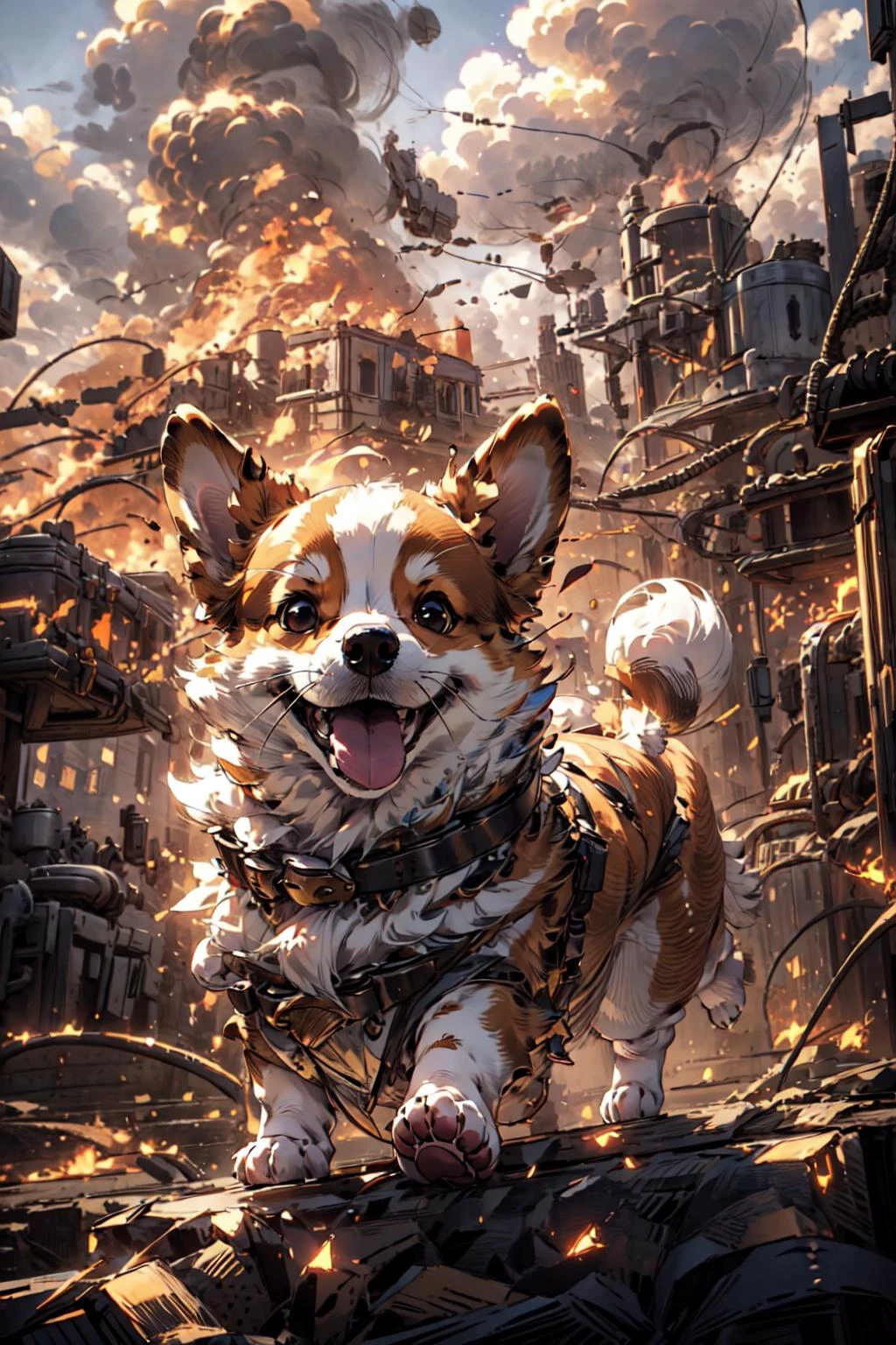 <lora:MG keji_20230709070441:0.7> , film quality, a dog, corgi, flying in the sky, with sun goggles, clouds, rainbows, wings,MG keji, solo , a adorable dog, (full body:1.35), soft light, detailed(glow , shadow), dynamic posture,
BREAK(beautiful detailed nose, beautiful detailed eyes, perfect anatomy),
BREAK(<lora:DisasterGirlMeme:1>, (fire, flame, burn):1.1, (evil smile), grin, smug , outdoors, IncrsDisasterGirlMeme)
BREAK(<lora:cozy animation scenes_20230824111332:0.4>, PIXIV,cozy animation scenes, scenery, outdoors, detailed wood house village, wide view),
<lora:more_details:0.5>, extremely detailed, CG, 8k Amazing, finely detail, (masterpiece:2.0, best quality), (intricate details, depth of field), <lora:bf1:0.4>, no humans,