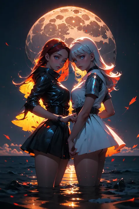 ((masterpiece)), (best quality), 2_girls, facing one another, one is light and the other is dark, beautiful symmetry, standing on water with reflections, autumn leaves falling in a cinematic scene, the moon is beaming down on the earth, half the moon is red while the other is a bright blue, ying and yang effect, light vs dark, RAW photo, unique, high_res, perfecteyes, insane details , High detailed , high details, glitter, r1ge, <lora:Image_Enhance_Pro-08:0.500000>, , <lora:glitter:0.500000>, , <lora:r1ge - AnimeRage:0.500000>