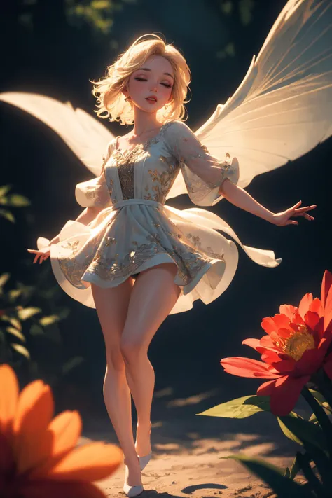 (Masterpiece, best quality:1.4), 8k, (top quality), (Centered), (ultra-detailed portrait), hyperrealistic, (3d), mid shot, full body, dramatic, dynamic pose, arms above head, coralinefilm, (stop motion), cgi, animated, ((cinematic)), beautiful doll, floating, perfect figure, outdoors, scenery, nature, flower dress, floral print, solo, pixie dust, fae, twilight, iridesent, atmosphere, fantastic composition, looking up, dreaming, half-closed eyes, elegent, dreamy, ethereal goddess of magic, soft makeup, (volumetric lighting), (shiny:1.1), ((intricate details, hyperdetailed)), shadow, ((blurry background)), (deep depth of field:1.3), sharp focus, beautiful, (dreamy, soft lighting:1.3), (dynamic), ((extremely detailed background)), motion blur