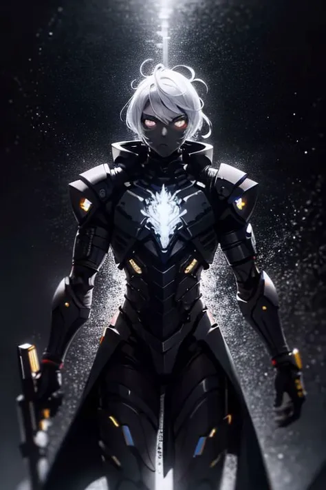 girl, cyberpunk augmentation, cyberware, iridescent cyborg, carbon fiber, chrome, chromatic, implants, metall skull, bloody, cyber plate armor, dark atmosphere, dark night, scars, (black short disheveled hair:1.1), iridescent eyeshadow, beautiful detailed glow, detailed, Cinematic light, intricate detail, highres, rounded eyes, detailed facial features, high detail, sharp focus, smooth, aesthetic, extremely detailed, insanely detailed and intricate industrial factory background, slim body, stylish pose,