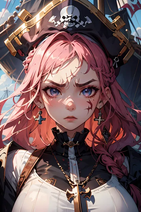 masterpiece, best quality, highly detailed background, perfect lightingbest quality, (1girl, pirate girl), catears, furious expression, angry face, ( pink hair braid), ((pretty face: 1.7, perfect face:1.5)), (huge breasts), pale skin, shinny skin, cross tattoo, scar, white clothes, pirate clothes, pirate hat, leaning on the mast, gesturing hands, sword, pirate ship, , More Detail, <lora:detail_manager:1.400000>, , <lora:Leonardo_Mix_3-08:1.000000>