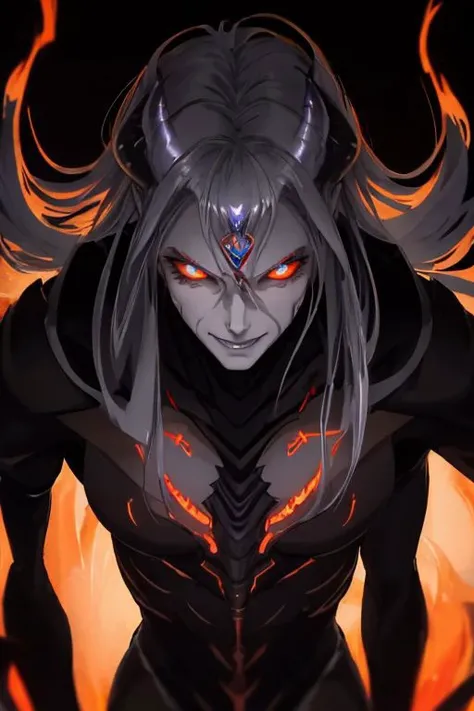 Best quality, masterpiece, ultra high res, (photorealistic:1.37), raw photo, 135mm lens close up shots, close up shots, 1devil, prefect face, prefect face, evil smile face, big muscular, strong, demon, long grey hair in the air, long legs, open chest, dark cloak, fire all over body, fire body, fire dragon, fire inside body, (EnergyVeins:1.4), glowing eyes, Sexy Muscular, walking on fotan, booming environment, dark themes, , huoshen, Endsinger, nvwashi, dynamic lighting all over body, , plasttech, perfecteyes,