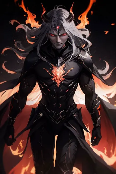 Best quality, masterpiece, ultra high res, (photorealistic:1.37), raw photo, 135mm lens close up shots, close up shots, 1devil, prefect face, prefect face, evil smile face, big muscular, strong, demon, long grey hair in the air, long legs, open chest, dark cloak, fire all over body, fire body, fire dragon, fire inside body, (EnergyVeins:1.4), glowing eyes, Sexy Muscular, walking on fotan, booming environment, dark themes, , huoshen, Endsinger, nvwashi, dynamic lighting all over body, , plasttech, perfecteyes,
