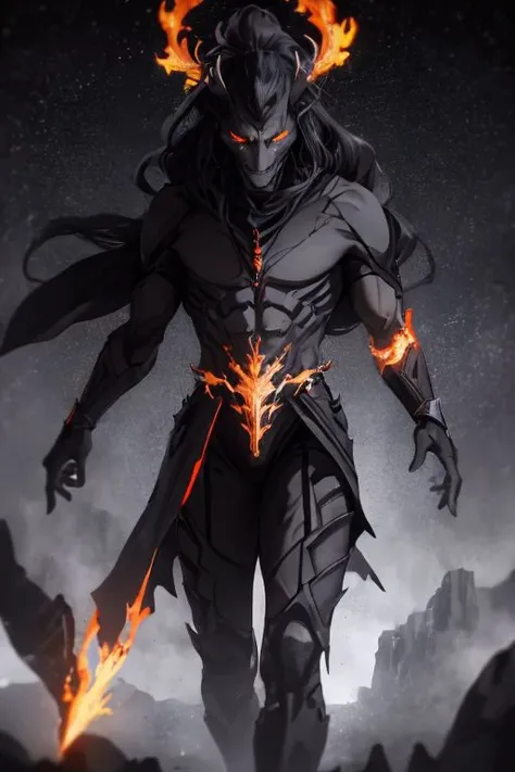 Best quality, masterpiece, ultra high res, (photorealistic:1.37), raw photo, 135mm lens close up shots, close up shots, 1devil, prefect face, prefect face, evil smile face, big muscular, strong, demon, long grey hair in the air, long legs, open chest, dark cloak, fire all over body, fire body, fire dragon, fire inside body, (EnergyVeins:1.4), glowing eyes, Sexy Muscular, walking on fotan, booming environment, dark themes, , huoshen, Endsinger, nvwashi, dynamic lighting all over body, , plasttech, perfecteyes,