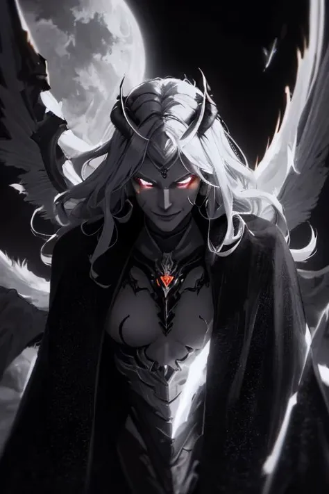 Best quality, masterpiece, ultra high res, (photorealistic:1.37), raw photo, 135mm lens close up shots, close up shots, 1devil, prefect face, prefect face, evil smile face, big muscular, strong, demon, long grey hair in the air, long legs, open chest, dark cloak, fire all over body, fire body, fire dragon, fire inside body, (EnergyVeins:1.4), glowing eyes, Sexy Muscular, walking on fotan, booming environment, dark themes, , huoshen, Endsinger, nvwashi, dynamic lighting all over body, , plasttech, perfecteyes,