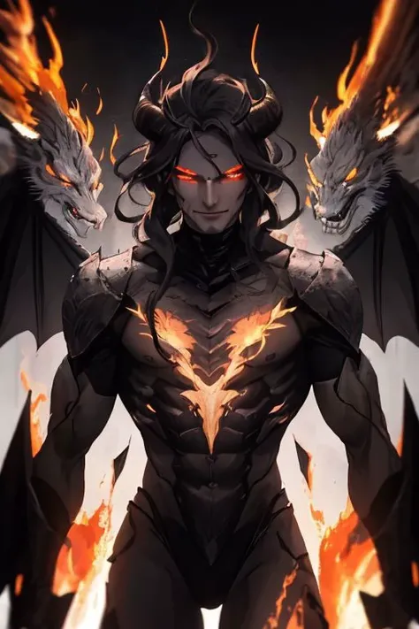 Best quality, masterpiece, ultra high res, (photorealistic:1.37), raw photo, 135mm lens close up shots, close up shots, 1devil, prefect face, prefect face, evil smile face, big muscular, strong, demon, long grey hair in the air, long legs, open chest, dark cloak, fire all over body, fire body, fire dragon, fire inside body, (EnergyVeins:1.4), glowing eyes, Sexy Muscular, walking on fotan, booming environment, dark themes, , huoshen, Endsinger, nvwashi, dynamic lighting all over body, , plasttech, perfecteyes,
