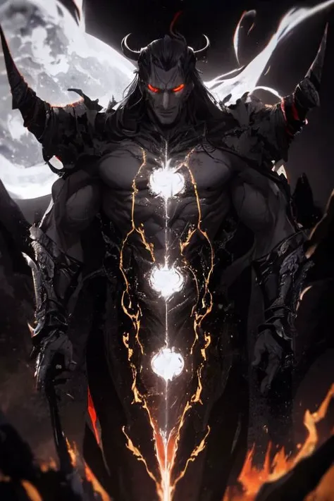 Best quality, masterpiece, ultra high res, (photorealistic:1.37), raw photo, 135mm lens close up shots, close up shots, 1devil, prefect face, prefect face, evil smile face, big muscular, strong, demon, long grey hair in the air, long legs, open chest, dark cloak, fire all over body, fire body, fire dragon, fire inside body, (EnergyVeins:1.4), glowing eyes, Sexy Muscular, walking on fotan, booming environment, dark themes, , huoshen, Endsinger, nvwashi, dynamic lighting all over body, , plasttech, perfecteyes,