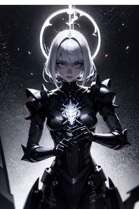 girl, cyberpunk augmentation, cyberware, iridescent cyborg, carbon fiber, chrome, chromatic, implants, metall skull, bloody, cyber plate armor, dark atmosphere, dark night, scars, (black short disheveled hair:1.1), iridescent eyeshadow, beautiful detailed glow, detailed, Cinematic light, intricate detail, highres, rounded eyes, detailed facial features, high detail, sharp focus, smooth, aesthetic, extremely detailed, insanely detailed and intricate industrial factory background, slim body, stylish pose,