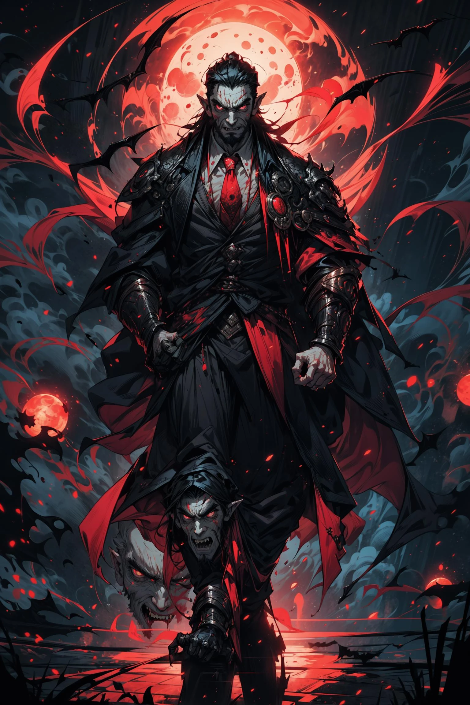 One old man, dracula, vampire face, pointy-ears, "beard long", black hair, long_hair, scar on left eye, paleskin, big_muscle, angry face, "flesh_fang", full_body, blood moon, walking, <lora:midjourney_20230624181825:0.200000>, , <lora:sam_yang_offset_right_filesize:0.500000>, , <lora:modernstyle:0.500000>, , <lora:more_details:0.500000>, , <lora:WOW_man:0.800000>
