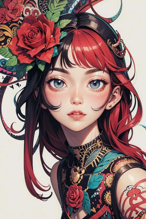 (best quality, masterpiece:1.3), (illustration:1.15), (abstract, zentangle, psychedelic:1.2), [a beautiful girl, face, neck, slim waist, legs:0.08) | | a beautiful rose, stem, thorns, roots:1.6) art by Georgia O'Keeffe's, trending on devianart, ambiguity, mystery, red color palate
