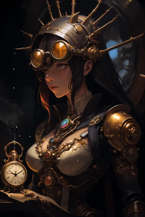 olpntng style, high quality steampunk portrait of the woman called Goddess Time with a clock for a head played by Sam Elliott, clock goggles, amazing background, by tomasz alen kopera and peter mohrbacher, dripping sparks, rain, sharp focus, clear, vibrant, denoised, intricately detailed, amazing clock, 32k, steampunk clock render engine, oil painting, heavy strokes, paint dripping, HZ Steampunk, dashataran, 3d style, perfecteyes, mecha, fantchar, fantchar, <lora:fantastic_characters_v4:0.800000>