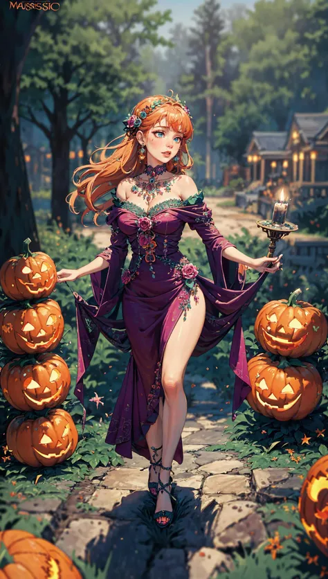 (Fairy), ((Full body:1.5)), contrapposto, (Masterpiece, high definition, best quality, superior quality, intricate details, beautiful aesthetic:1.2), high quality, 8k, raw, ultra details, extremely detailed and beautiful, {Red dress}:1.5), female, {turquoise blue eye color}, {crystal clear eyes}, {orange hair color}, {pink lips}, {background forest Magic}
, (masterpiece, best quality:1.2), ornaments
, Halloween, halloween pumpkin, cobweb, spiders, skull candles Halloween, <lora:detail_manager:1.400000>, , <lora:tilt-shift:0.800000>