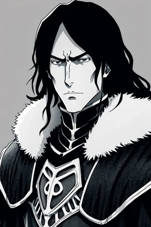 illustration,
slender person,
pronounced facial features,
dark-pale skin,
eyes,
long hair,
knight armor,
armor plate
pronounced facial features,
fur collar,
fingerless gloves,
black and white colors,
black mist background,
looking at viewer,
dynamic light, ultra detail,
extremely detailed CG, full detail,
8k best quality, realistic, 8k,
micro intricate, masterpiece,
by Kentaro Miura
by Tito Kubo